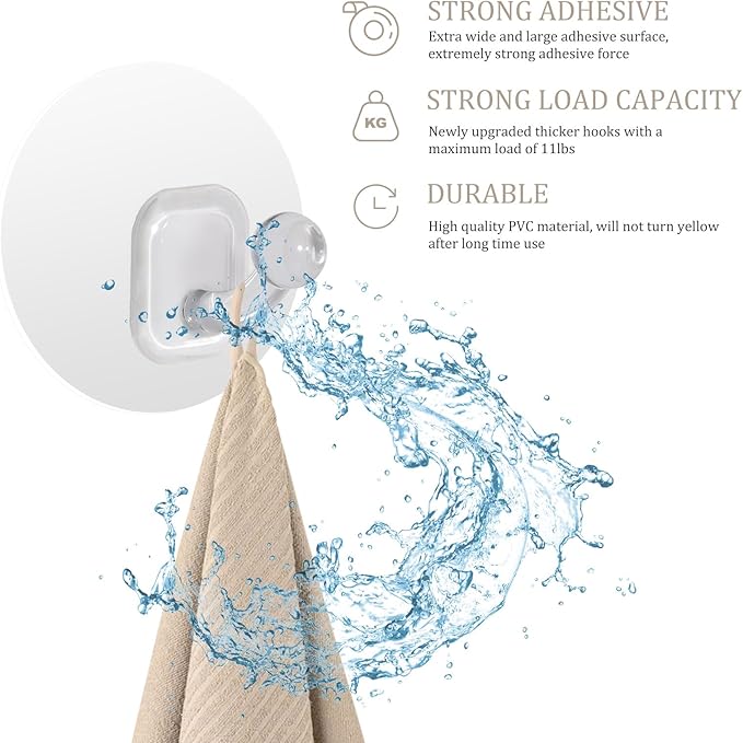 Uten Adhesive Hooks for Hanging 10 Pack, Heavy Duty Wall Hooks 11 lbs, Self Adhesive Waterproof Sticky Robe Towel Transparent Hooks for Home, Bathroom, Kitchen, Outdoor