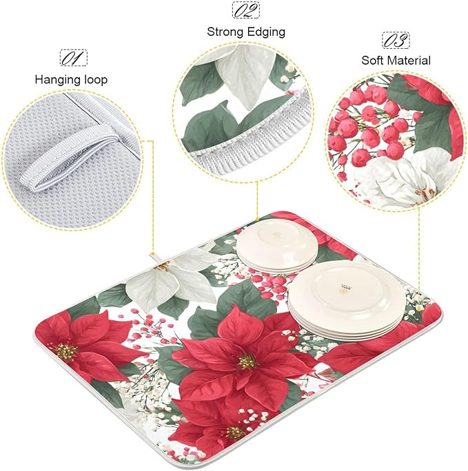 Red Poinsettias and Leaves Dish Drying Mat for Kitchen Counter Super Absorbent Drying Mat 18x24 inch Large Dish Drying Matts for Countertop Protector Dishes Pad