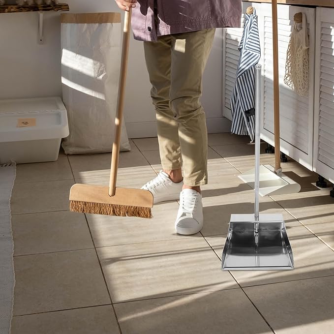 Lurrose Stainless Steel Dustpan with Long Handle Upright Garbage Shovel for Home Cleaning Large Capacity Ergonomic Design