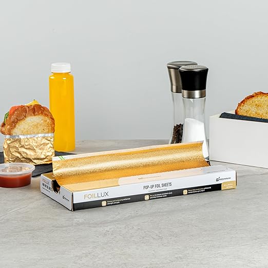 Restaurantware-Foil Lux 12 x 10.8 Inch Pop-Up Foil Sheets, 100 Disposable Foils Papers For Food - Orange Peel Embossing, Interfolded, Gold Aluminum Foils Sheets, Greaseproof, Freezable, Oven Ready