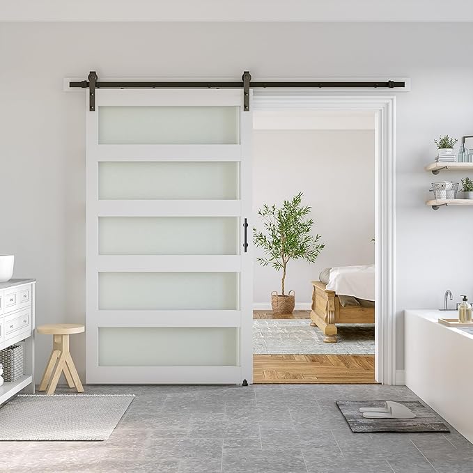 SmartStandard 48 x 84 in Glass Barn Door with 8FT Sliding Hardware Kit & Handle, Pre-Drilled Ready to Assemble, Waterproof PVC Coating, White, 5-Panel Glass