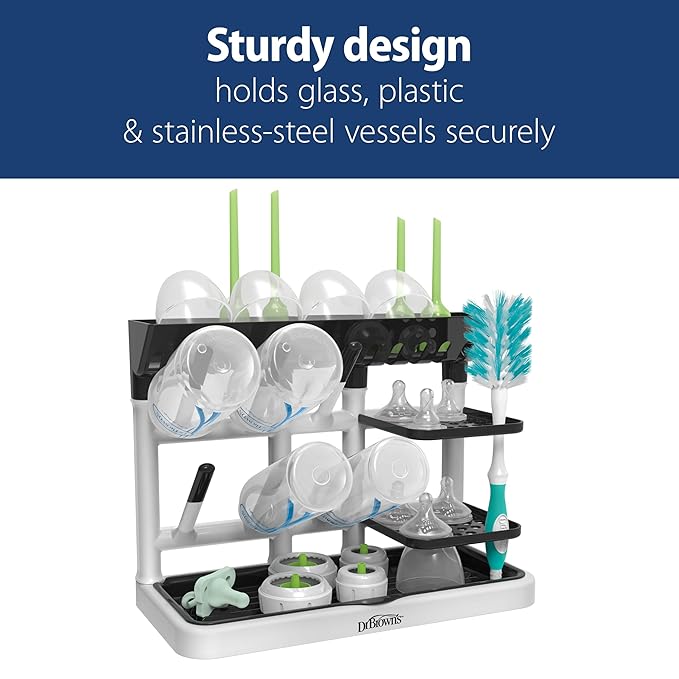 Dr. Brown's Drying Tower, Stand-Up Drying Rack, Countertop Baby Bottle Drying with Organized Storage for Baby Essentials, Space Saving Vertical Rack, Gray
