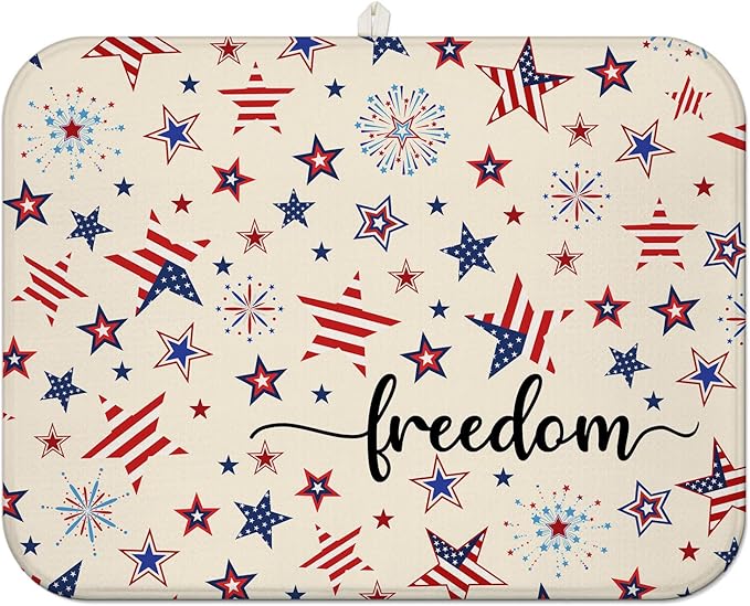 4th of July Dish Drying Mat for Kitchen Counter,Independence Day Stars Memorial Fallen Soldiers Microfiber Drying Mat, Washable Absorbent Patriot Kitchen Countertop Dish Mat Draining Mat 18×24Inch