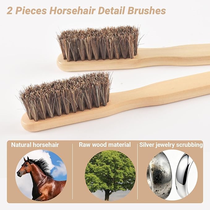 4 Pieces Silver Polish Set, Jewelry Cleaning Brushes Tool Kit Horsehair Brushes and Sterling Silver Cleaning Cloth for Jewelry Coin Silverware Plateware Tarnish Removal