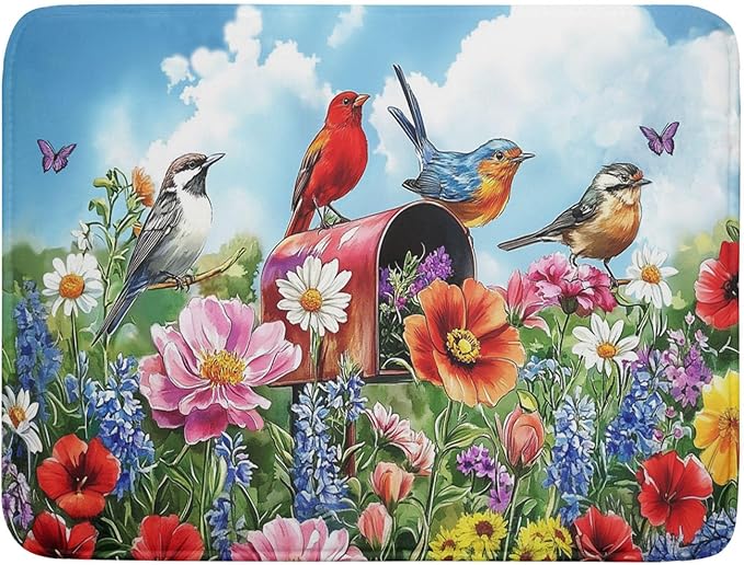 Khope Spring Floral Birds Dish Drying Mat for Kitchen Counter 18x24 Inch Colorful Butterfly Flowers Reusable Washable Farmhouse Flower Drying Pad Countertop Home Decor