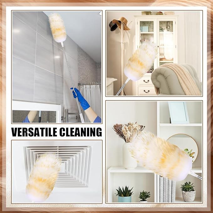 Remerry Lambswool Cleaning Duster Extendable Feather Duster 30-96 Inch with Stainless Steel Handle Removable Head Multi Surface Cleaning Tool for Ceiling Fan Window Furniture Bookshelf Home Office