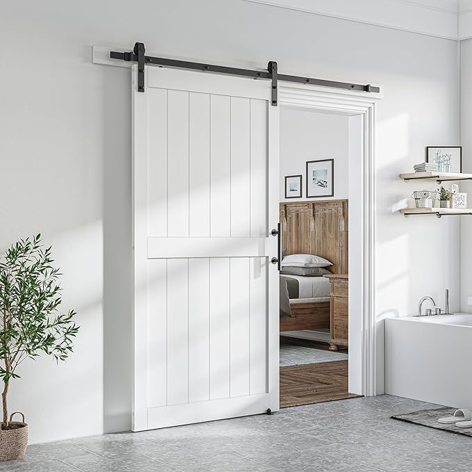 SmartStandard 42 x 84 inch White Sliding MDF Barn Door with 7FT Black Sliding Door Hardware Kit & Handle, Pre-Drilled Ready to Assemble, Waterproof PVC Coating, H-Frame