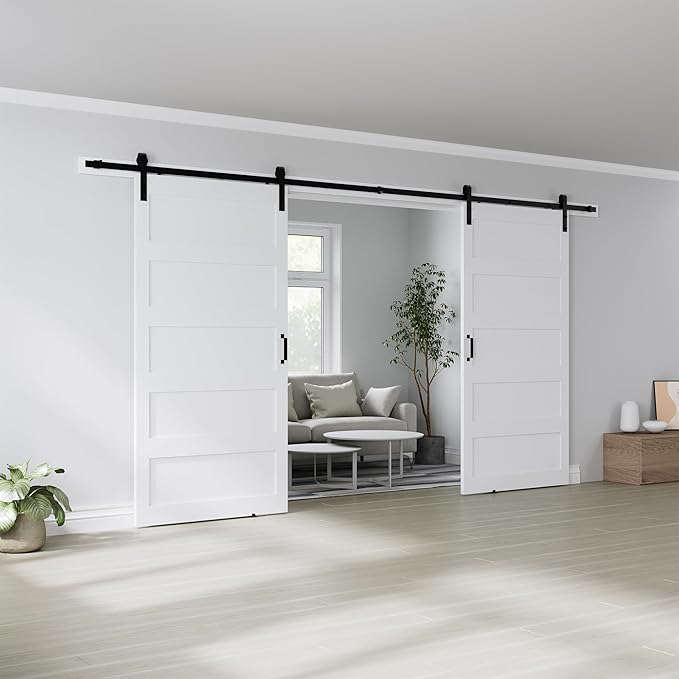 Double 42" x 96" White Barn Door with 14FT Sliding Door Hardware Kit Included, 5-Panel, Assemblely Needed, Waterproof PVC Surface, Max Opening 82in x 94in