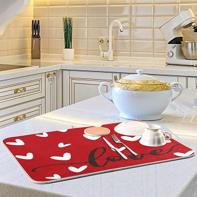 Happy Valentine's Day Dish Drying Mat for Kitchen Red White Love Heart Microfiber Drying Mats Absorbent Reversible Dish Pad Medium Dish Draining Mat 16x18 inch