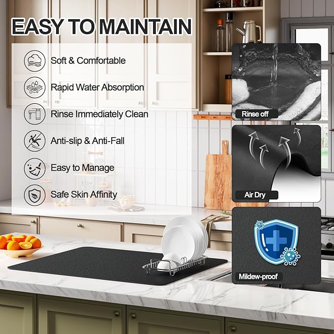 Dish Drying Mat for Kitchen Counter | Coffee Bar Mat for Countertops | Heat Resistant Drainer Mat with Non-slip Rubber Backed | Hide Stain Kitchen Absorbent Draining Mat | Black 16"x24"