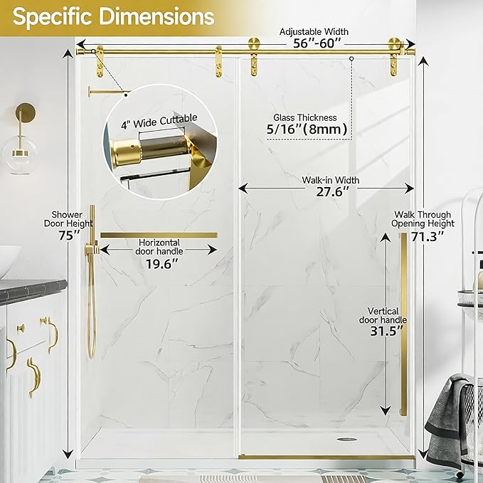 56-60" W x 75" H Shower Glass Door, Frameless Sliding Shower Door, 5/16"(8mm) Tempered Glass Shower Doors for Walk in Shower with Explosion-Proof Film, Brushed Gold Stainless Steel Hardware