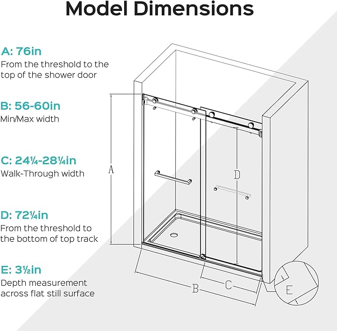 56''-60''W x 76''H Frameless Double Sliding Shower Door, 3/8'' (10mm) Thick SGCC Tempered Glass, Reversible Installation, Easy Clean Design, Chrome