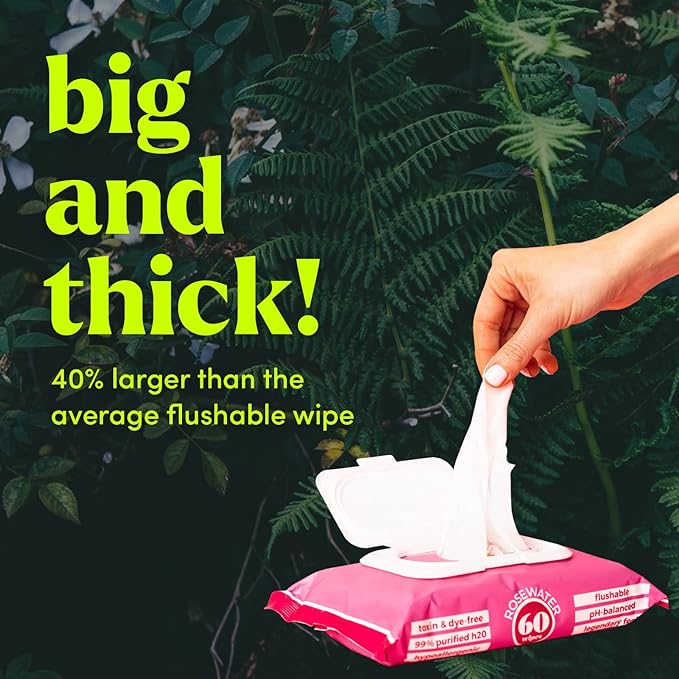 goodwipes Flushable Butt Wipes Made with Vitamin E & Aloe – Soft & Gentle Wet Wipe Dispenser for Home Use, Septic & Sewer Safe – Largest Adult Toilet Wipes – Rosewater, 60 Count