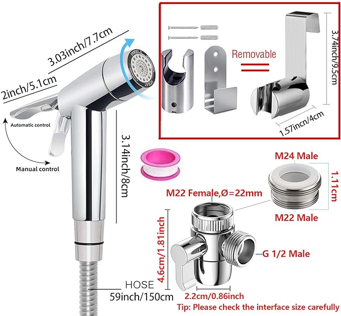 Handheld Bidet Sprayer Toilet Bathroom Douche Cloth Washing Diaper Cleaning Shower Head with with 2 Way Shower Diverter, 59in Hose and Hand Shower Holder