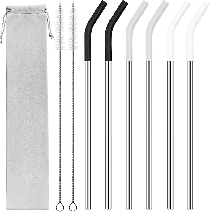 20 oz Stainless Metal Straws for 20 oz Stanley Tumbler, 6Pcs Reusable Straight Long Steel Straws with 12 Silicone Tips and 2 Straw Cleaning Brushes(3Color1, 20oz)