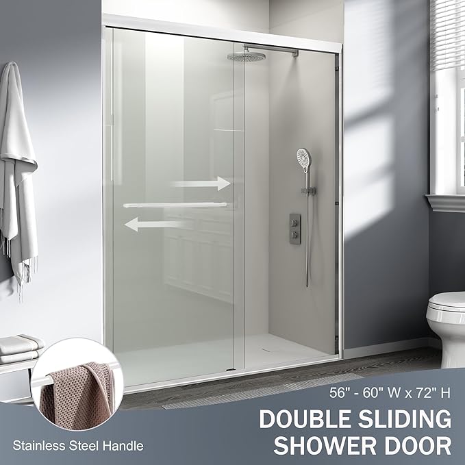 Abruzzo 56" - 60" Adjustable Width Double Sliding Shower Door - Semi-Frameless 72" Tall Bath Enclosure with 1/4" Tempered Glass, White Aluminum Frame for Walk-in Showers