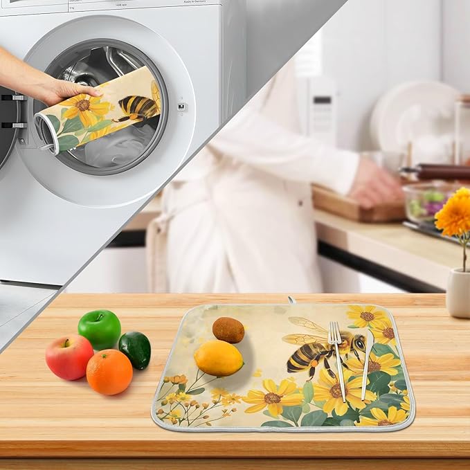 Honey Bee Dish Drying Mat for Kitchen Counter Absorbent Microfiber Large Drying Pad Yellow Flowers Leaves Dish Mats for Kitchen Countertops 18 x 24 Inch117
