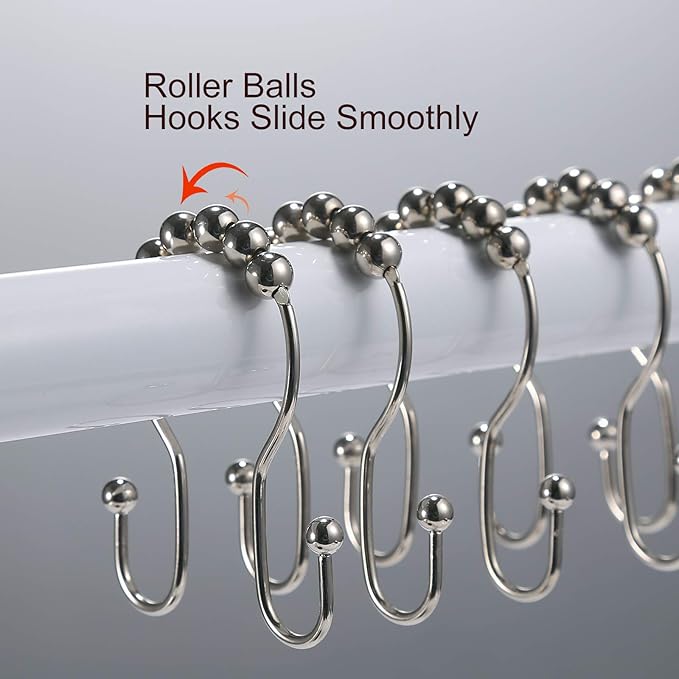 Goowin Shower Curtain Hooks, 12 Pcs Shower Curtain Rings, Stainless Steel Shower Curtain Hangers, Double Hook Shower Curtain Hooks, Smooth Sliding Anti-Drop Shower Rings for Curtain (Nickel)