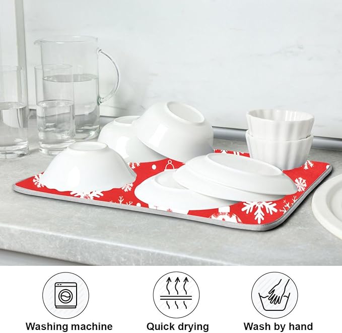 Christmas Snowflake Ball Baubles Dish Drying Mat for Kitchen Counter Absorbent Microfiber Drying Pad, Medium 16x18 in