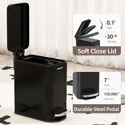 Slim Bathroom Trash Can with Lid Soft Close, 6 Liter/1.6 Gallon Stainless Steel Small Garbage Can with Removable Inner Bucket, Step Pedal, Slim Wastebasket for Toilet, Office, Bedroom, Black