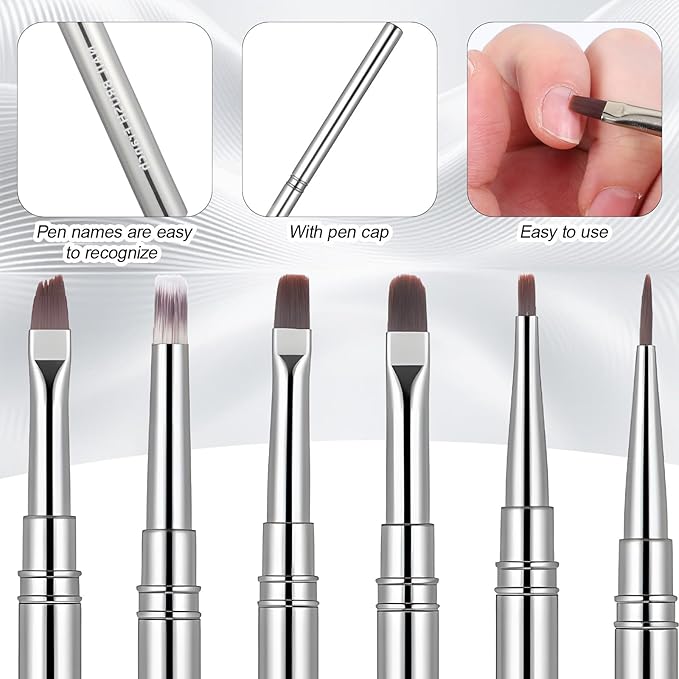 6Pcs Acrylic Nail Brushes, Nails Art Clean Up Brushes Metal Nail Polish Remover Brush Omnipotent Grid Dyeing Flat Oval Fine Angled Gel Brush for Gel Dilution, Halo Dyeing, Watercolor