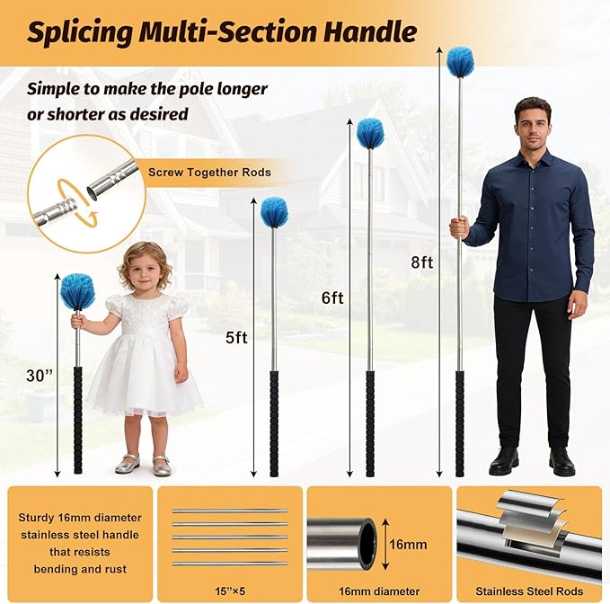 Cobweb Duster Brush with Extension Pole, Lightweight 5ft Long Spider Web Cobwebs Ceiling Fan Dust Cleaning Brush Kit with Washable Head,for Ceiling Fan, Furniture, Eaves,Vent, Roof House Cleaning