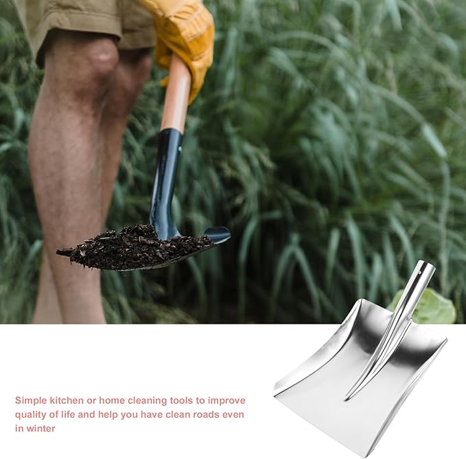 Metal Snow Shovel and Garbage Dustpan for Outdoor Cleaning Stainless Steel Square Head Snow Pusher for Driveway and Yard Heavy-Duty Metal Dust Shovel for and Debris Removal