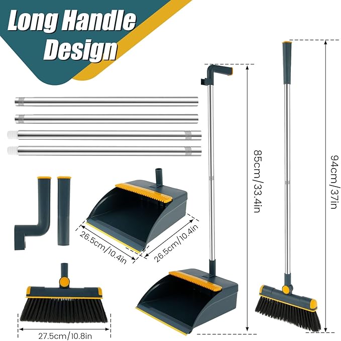 Broom and Dustpan Set for Home, 180° Rotating Broom Combo, Foldable Standing Dustpan and Brush, Long Handle Broom and Dustpan Combo Set with Scraper Teeth for Cleaning Room Office Lobby Floor (A)