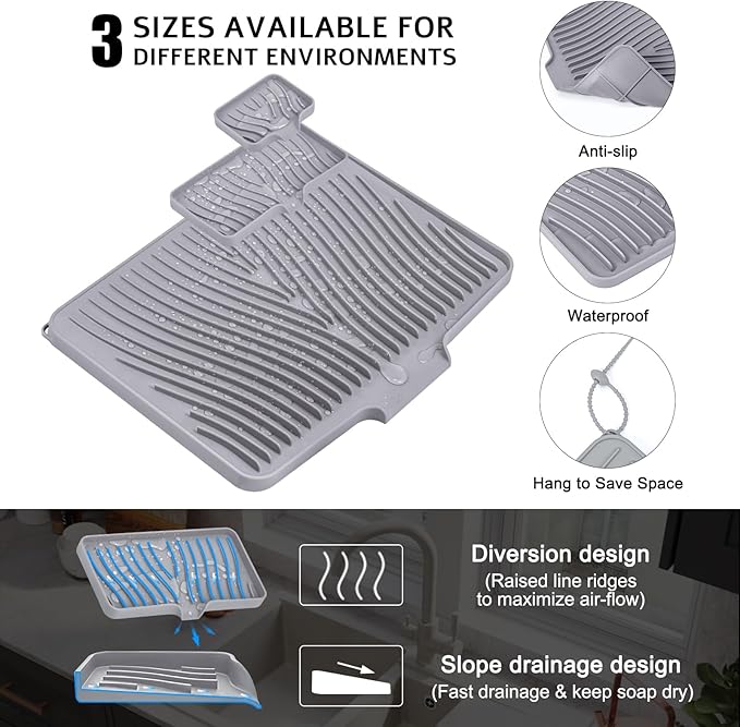Silicone Dish Drying Mat, Stone Drying Mat for Kitchen Counter with Built-In Drain, Non-Slip Drain Pad with Built-in Drain, Heat Resistant Stone Drying Mat, Grey-1Set, 20" x 15"