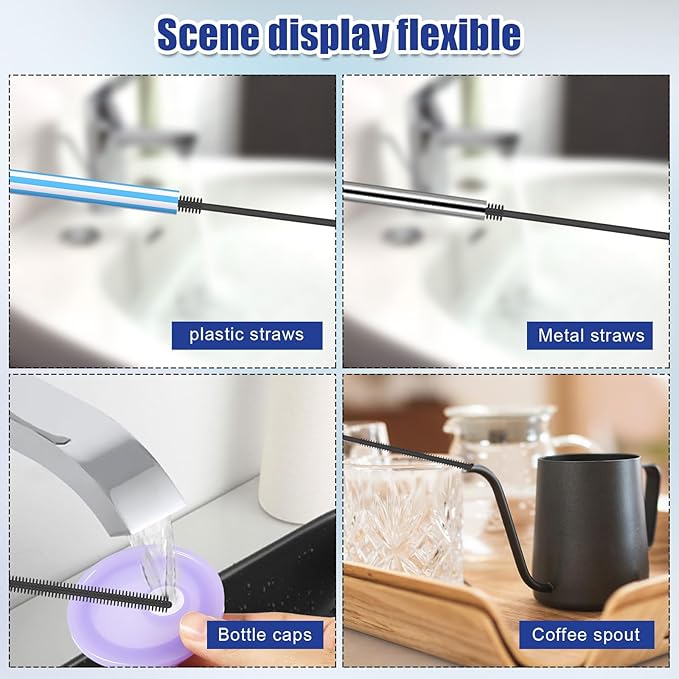 2pcs Silicone Straw Brushes, 6mm+8mm Reusable Hanging Straw Cleaner Brush Extra Long Straw Cleaning Brush Bendable Crevice Brush Pipe Cleaners for Glass Metal Straw (Gray)