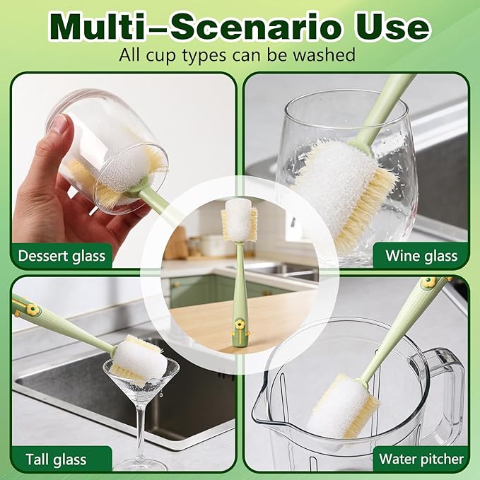 5 in 1 Bottle Cleaning Brush Set,2026 New Multifunctional Water Bottles Cleaner Brushs,Portable Long Handle Bottles Scrubber for Cup Lids,Hard Bristle Sponge Head Bottle Brushes (Green and White)