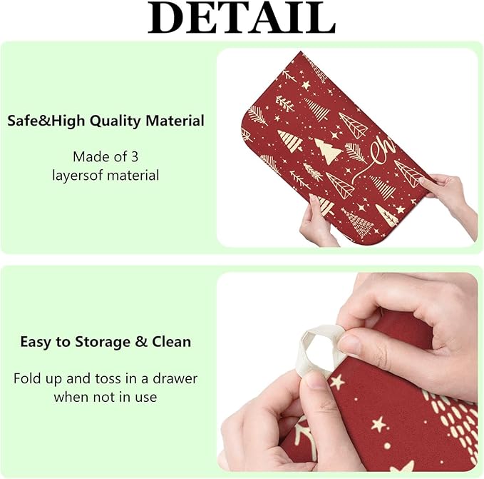 Christmas Kitchen Countertop Dish Drying Mat, Red Christmas Tree Snowflake Pattern Microfiber Kitchen Drying Mat, Washable Absorbent Countertop Xmas Winter Holiday Dish Mat Drainer,16x18In