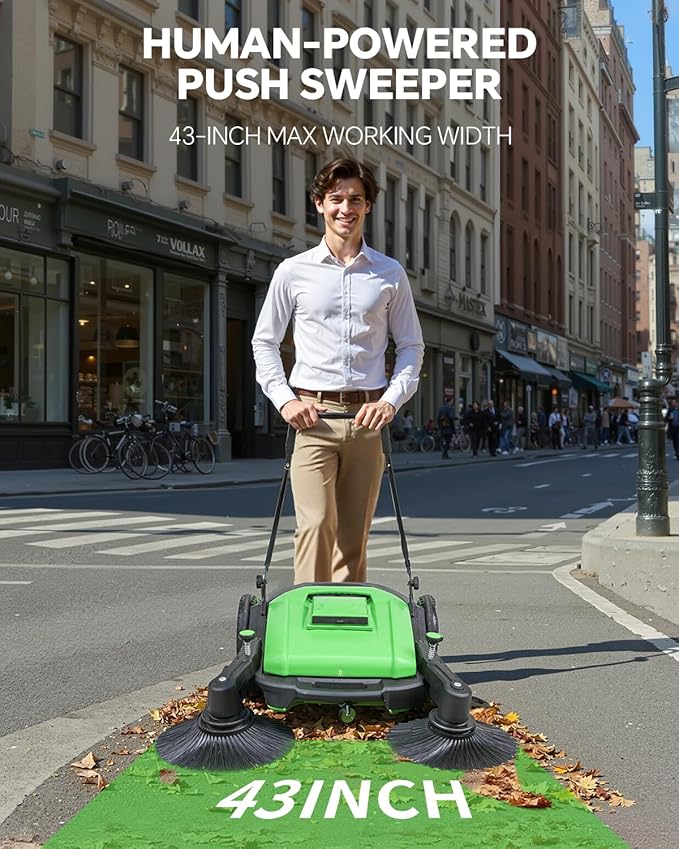 41" Walk-Behind Hand Push Floor Sweeper, 15 Gal Large Capacity, Folding Handle, 46000 SqFt/Hour Indoor & Outdoor Use, Ideal for Large Area Cleaning in Stores Farms Warehouses Stable