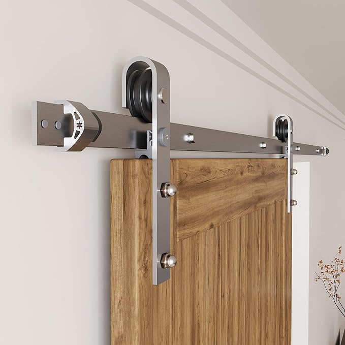 Homacer Brushed Nickel Non-Bypass Sliding Barn Door Hardware Kit, for One/Single Door, 9ft Long Flat Track, Classic Design Roller, Heavy Duty, for Interior Use Only（Doors Not Included）