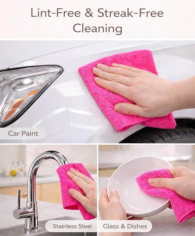 Microfiber Cleaning Cloth Roll - 100 Pack Tear Away Microfiber Paper Towels, Reusable, Washable, Scratch-Free, Kitchen Towels for Car, Home, Kitchen, Glass, Dishes (Hot Pink)