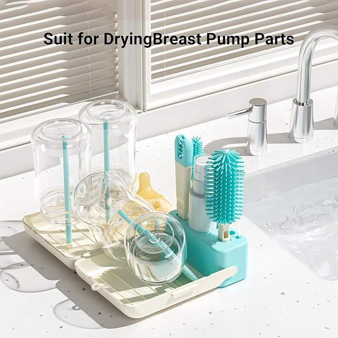 Baby Bottle Brush Cleaner Set - 10 in 1 Travel Bottle Cleaning Brush Kit with Silicone Bottle Brush, Nipple Brush, Soap Dispenser, Portable Drying Rack, Breast Pump & Bottle Cleaning Kit - Lake Green