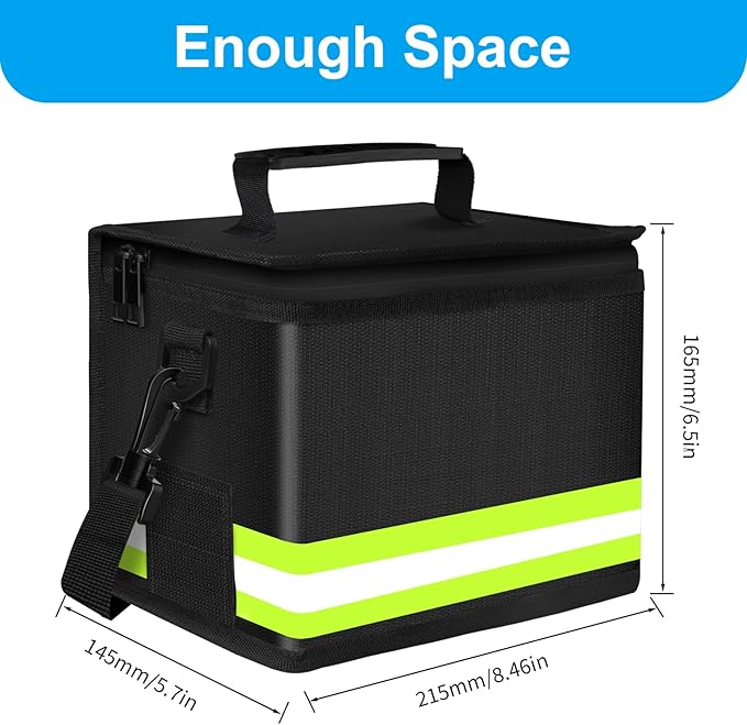 Upgraded Lipo Battery Fireproof Explosionproof Safe Bag,4 Layers of Heat Insulated Materials with Waterproof Zipper/Reflective Strip,Comfortable Handle/Portable Shoulder Strap(8.5x5.7x6.5inch)