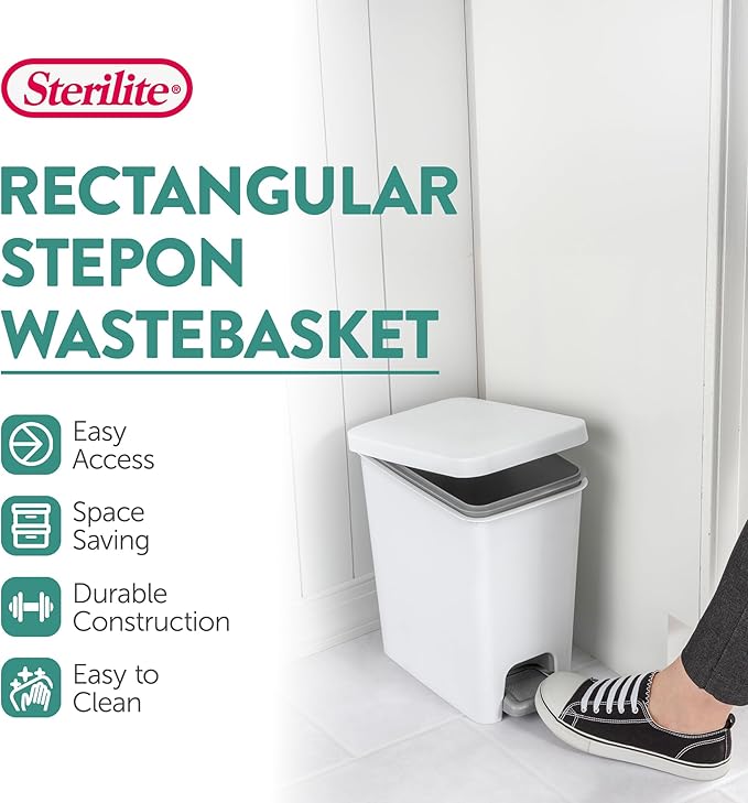 Sterilite 2.7 Gallon Rectangular Step On Kitchen Trash Bin Plastic Indoor Wastebasket with Removable Liner and Bag Holding Feature, White (8 Pack)