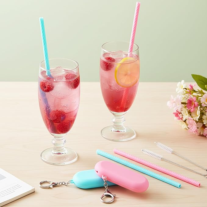 2 Set Travel Straws Reusable with Case, Portable Straw for Hot & Cold Drinks, Foldable Silicone Straws with Cleaning Brush & Keychain (Pink, Blue)