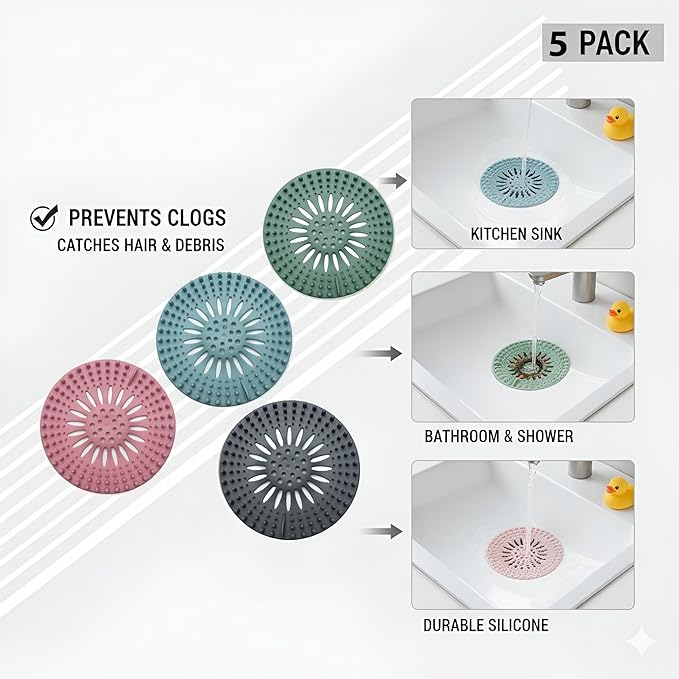 Silicone Drain Hair Catcher 5-Pack – Flexible TPR Drain Strainer & Cover for Bathroom Shower, Bathtub & Kitchen Sink – Reusable Non-Slip Hair Trap, Anti-Clog Drain Protector, Multi-Color