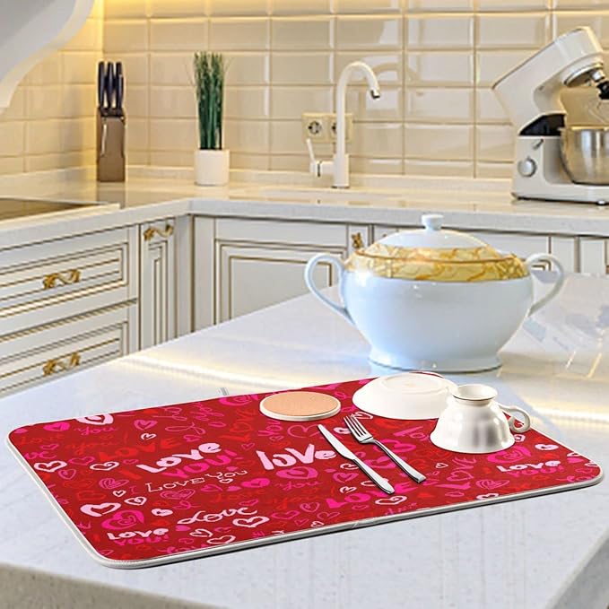 Happy Valentine's Day Dish Drying Mat for Kitchen Red Pink Heart Love Words Microfiber Drying Mats Absorbent Reversible Dish Pad Medium Dish Draining Mat 16x18 inch