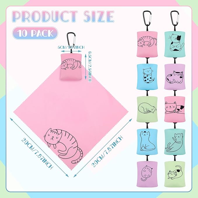 10 Pcs Microfiber Cleaning Cloth with Open Pouch Hanging Ring 8'' x 7.8'' Cute Kitty Cat Design Microfiber Cloth Soft Glasses Cleaner for Eyeglasses Camera Lens Cell Phone Screens Glasses