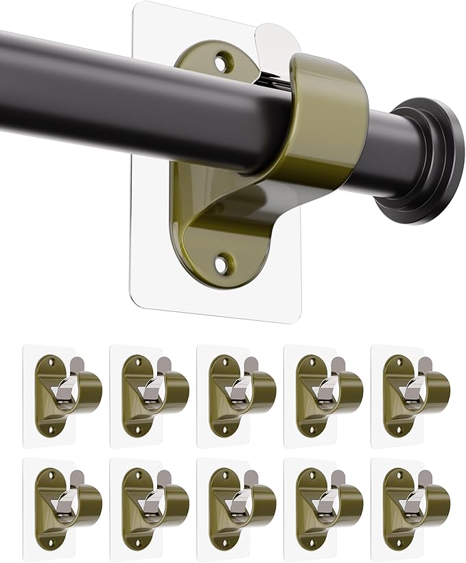 ANDGOO 10 Pack Self Adhesive Curtain Rod Brackets, No Hole Hooks for Curtain Rods, No Drilling, No Nail Heavy Duty Stick on Rod Hooks Bedroom, Bathroom, Livingroom, Kitchen (Retro)