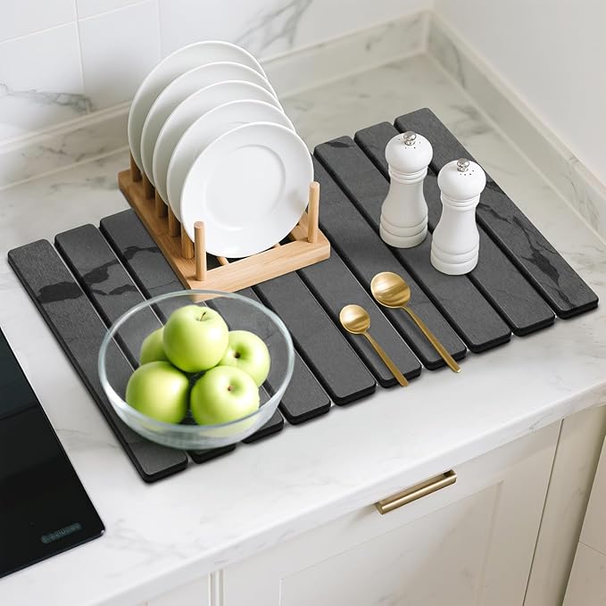 Large Stone Dish Drying Mat for Kitchen Counter, 2PCS Quick Dry Stone Dishes Mat,Foldable Water Absorbing Diatomaceous Drying Organizer Pad for Plate Rack Bottles Utensils(Dark Gray 24"×16" & 8"x4")
