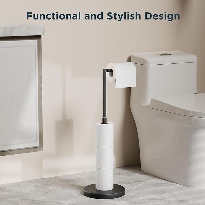 FORIOUS Toilet Paper Holder Stand Adjustable, Stainless Steel Freestanding Toilet Paper Holder with Storage, Bathroom Tissue Roll Stand Storage for 4 Rolls, Matte Black