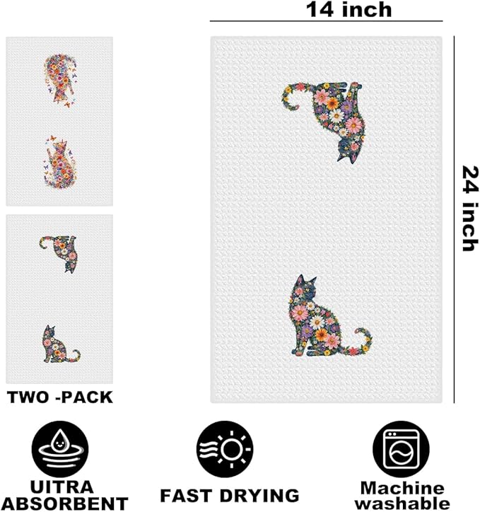 Hanamiya Na 2 Pcs Flower Cat Kitchen Towels, Floral Cat Hand Towel for Bathroom Decor, Kitten Dish Tea Towel for Kitchen Home Bathroom Decor, Pet Gifts for Kitten Lovers Women Girls, 24x14 Inch
