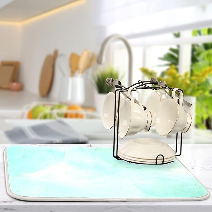 Turquoise Marble Dish Drying Mat for Kitchen Countertop 18x24 Aqua Tie Dye Large Drying Mat Reusable Quick Dry Dish Sink Mats Easy Clean Decorative Essentials