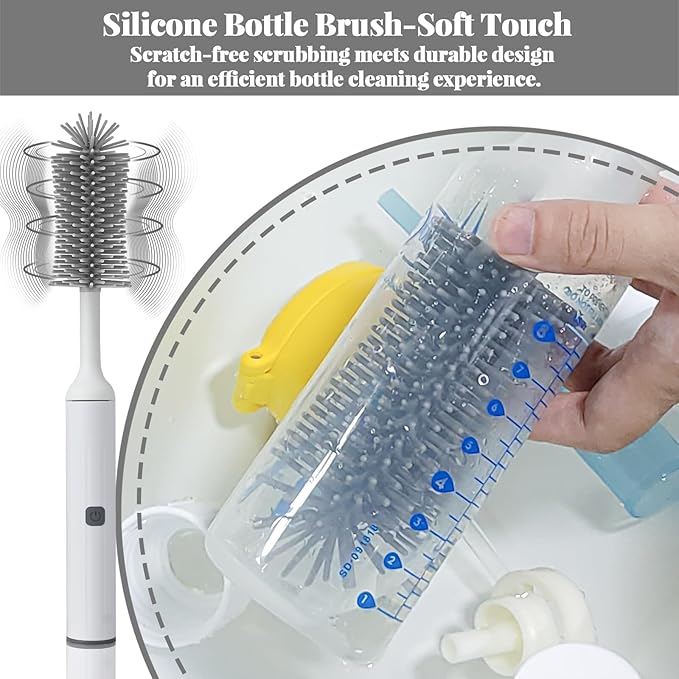 Electric Cleaning Brush with USB Rechargeable Electric Bottle Brush Cleaner and 3 Replaceable Silicone Bottle Brushes and Straw Cleaner Brush,Perfect Baby Gifts and Kitchen Brushes(White)