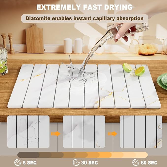 Dayacoco Stone Drying Mat for Kitchen Counter, Large Quick Dry Stone Mat, Collapsible Diatomaceous Earth Mats for Dishes Bottles Cups, Fits Any Countertop,23"×15.3",White gold