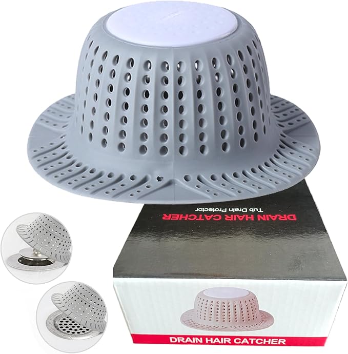Silicone Shower Drain Hair Catcher for Bathtub - Fits Over Pop-Up Drain Stopper & Flat Drains Easy to Clean (Grey)